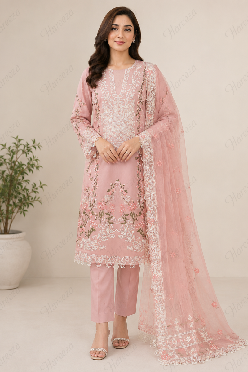 Hareeza - Blush Pink Embroidered Lawn 3-Piece Suit with Floral Net Dupatta