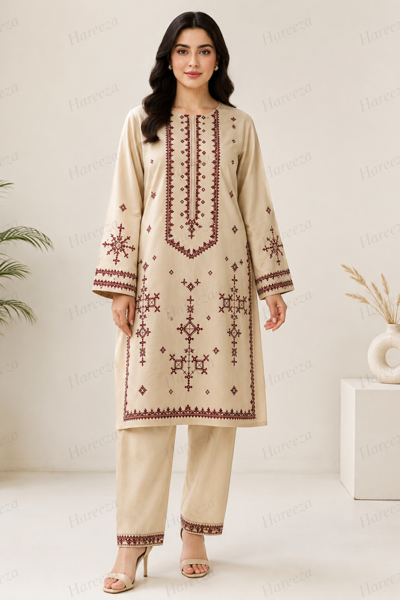 Hareeza - Beige Embroidered Lawn 2-Piece Suit