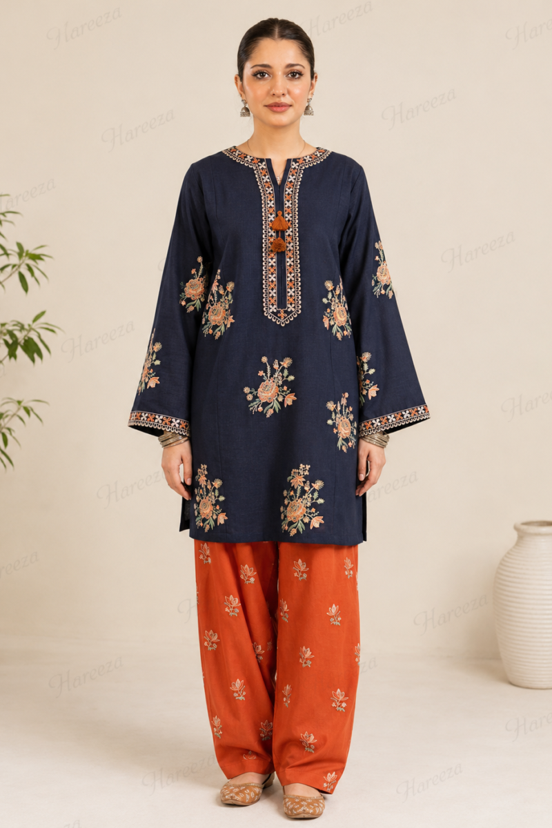 Hareeza - Navy Blue Embroidered Lawn 2-Piece Suit