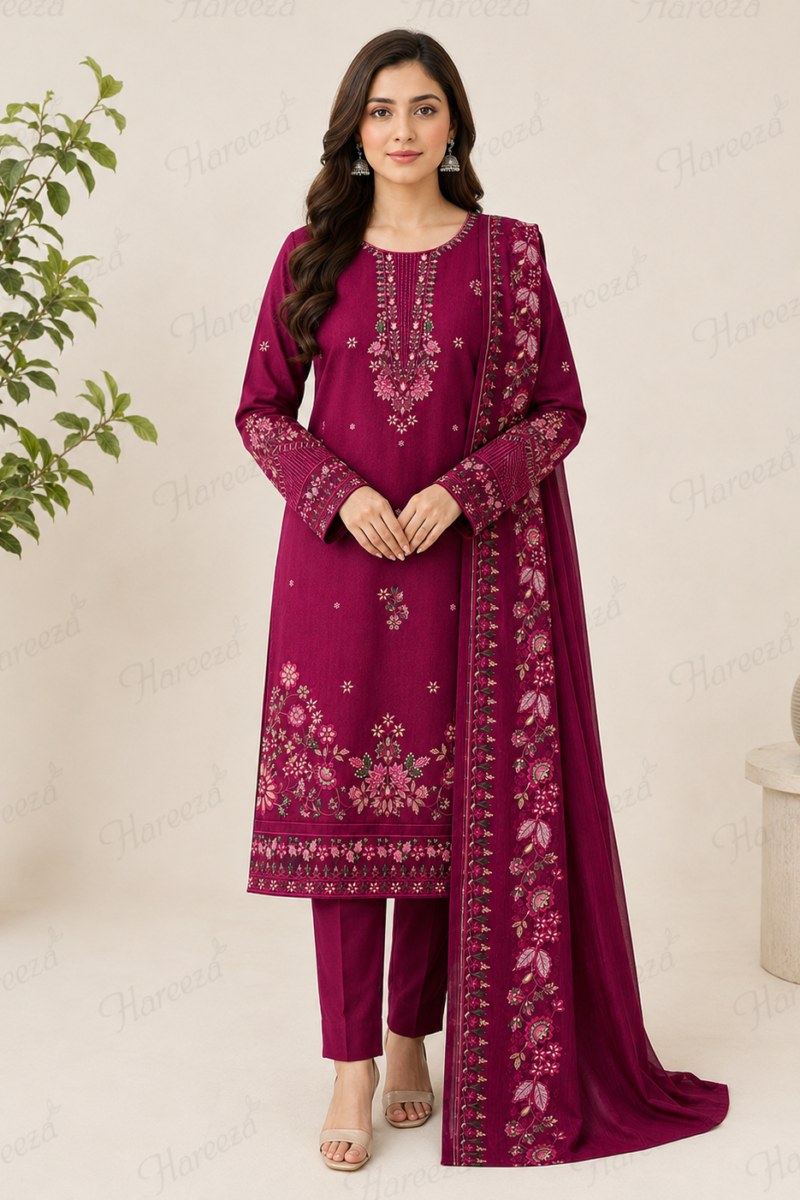 Hareeza -Maroon Embroidered Lawn 3-Piece Suit