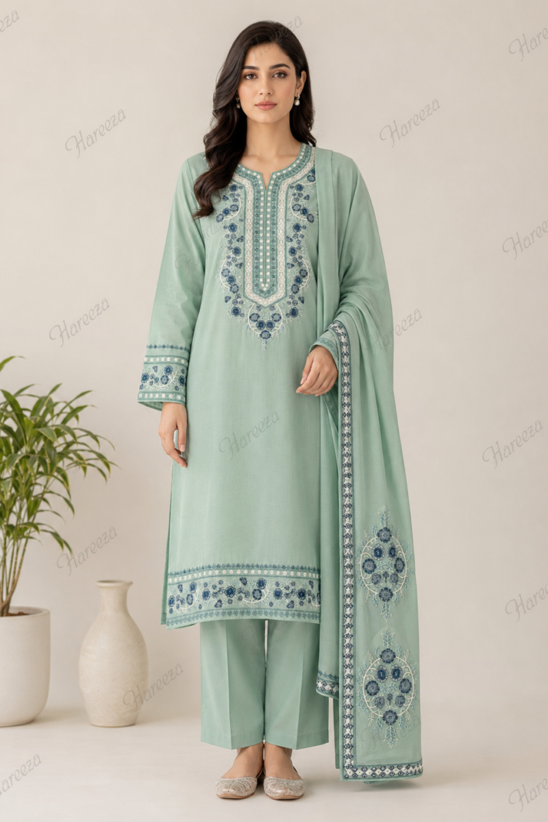 Hareeza - Sage Green Embroidered Lawn 3-Piece Suit