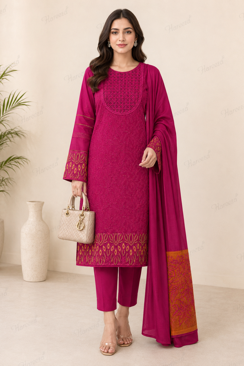 Hareeza - Magenta Majesty Embroidered Lawn 3-Piece Suit