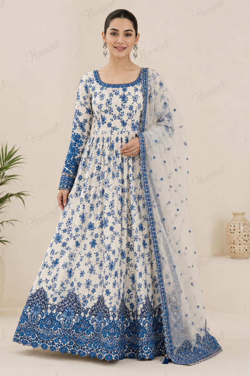 Ivory Blue Floral Embroidered Anarkali Frock 3-Piece with Organza Dupatta