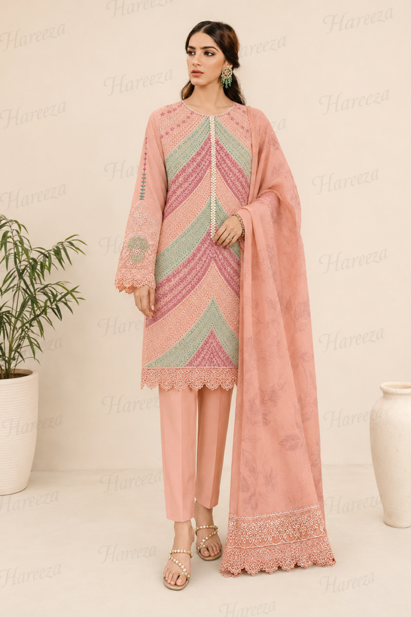 Hareeza - Salmon Pink Chicken Kari Embroidered Lawn 3-Piece Suit with Pearl Detailing