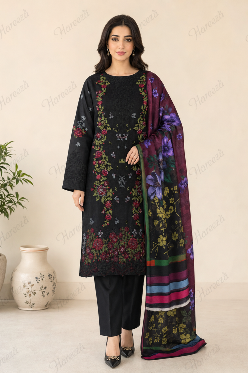 Hareeza - Midnight Bloom – Black Embroidered 3 Piece Unstitched Lawn Suit with Silk Dupatta