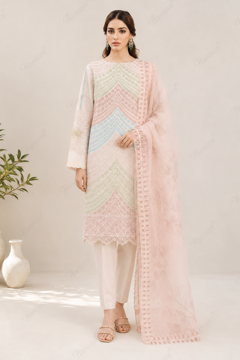 Hareeza - Blush Pink Chicken Kari Embroidered Lawn 3-Piece Suit with Organza Dupatta