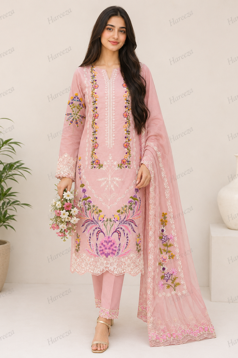 Hareeza - Blush Pink Multicolor Floral Embroidered Lawn 3-Piece Suit