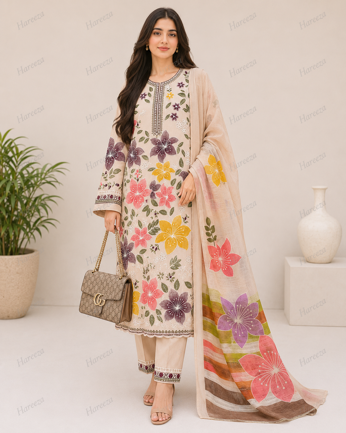 Hareeza - Beige Floral Designer Collection with Printed Dupatta