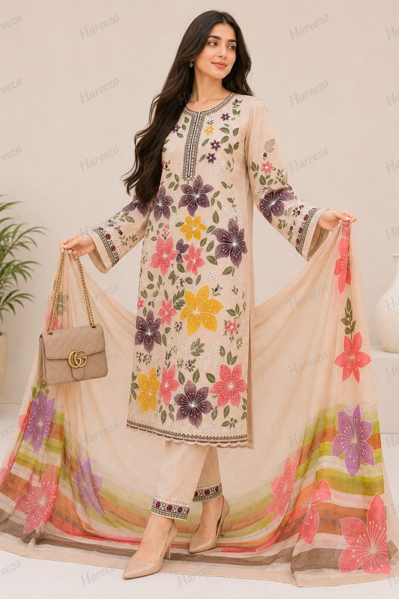 Hareeza - Beige Floral Designer Collection with Printed Dupatta