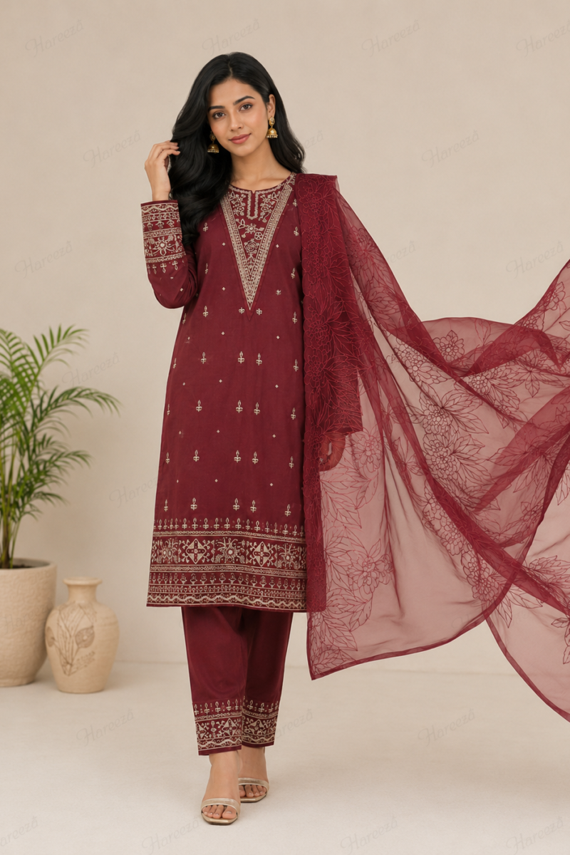 Hareeza - Maroon Legacy – Embroidered Lawn 3-Piece Suit with Organza Dupatta