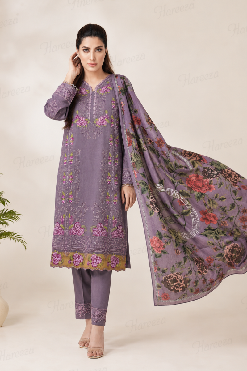 Hareeza - Dusty Mauve Chicken Kari Embroidered Lawn 3-Piece Suit with Printed Dupatta