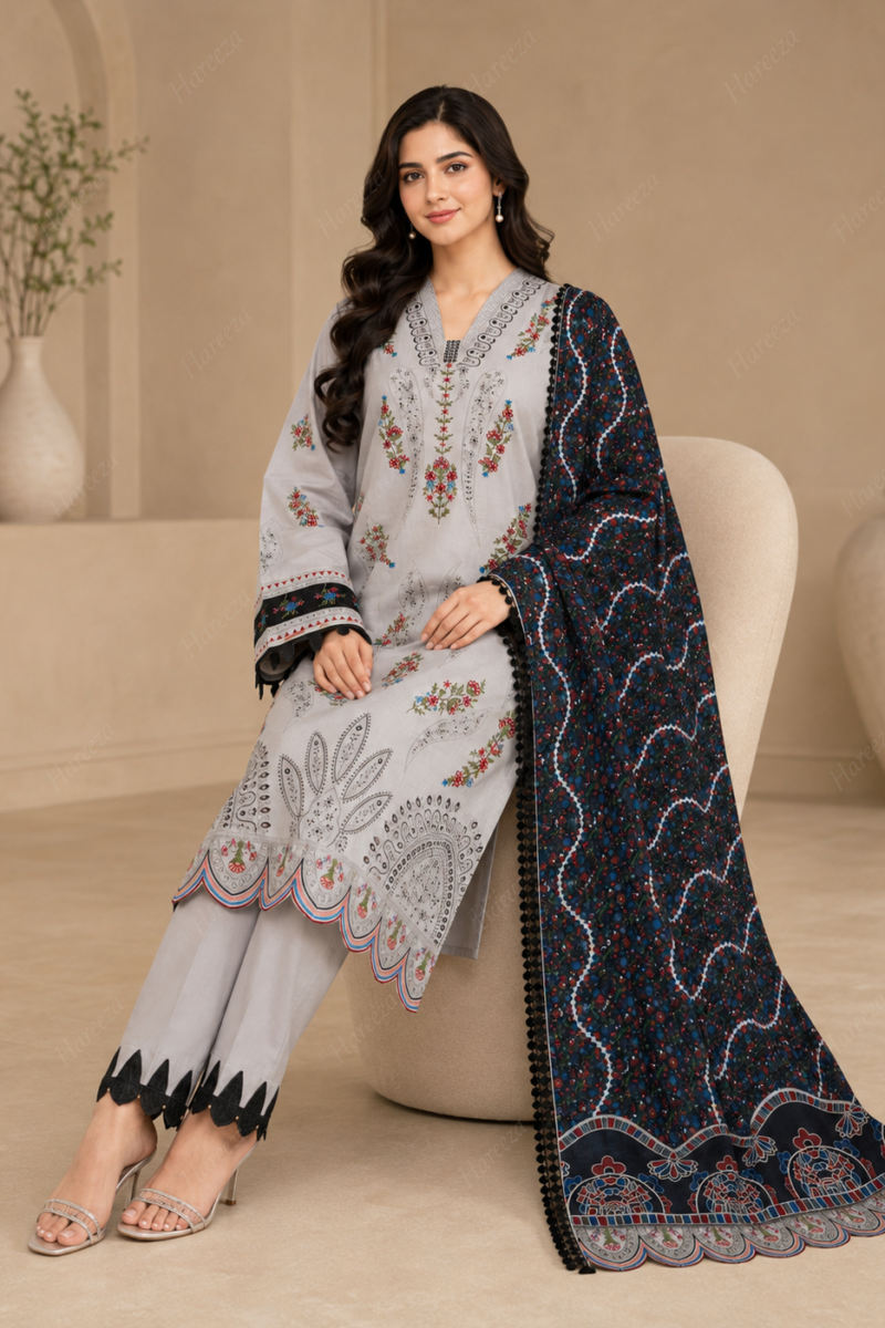 Hareeza - grey-digital-printed-embroidered-lawn-3-piece-suit