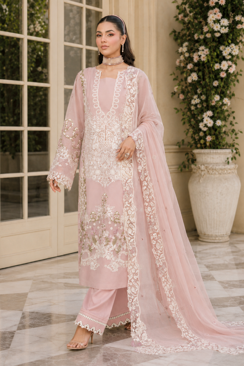 Hareeza - Dusty Blush Pink Heavy Embroidered Lawn 3-Piece Suit with Net Dupatta