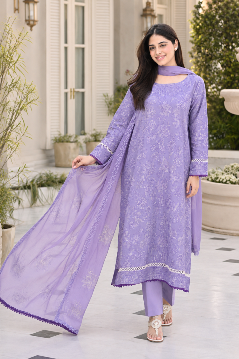 Hareeza - Lavender Floral Embroidered Lawn 3-Piece Suit with Bamber Chiffon Dupatta