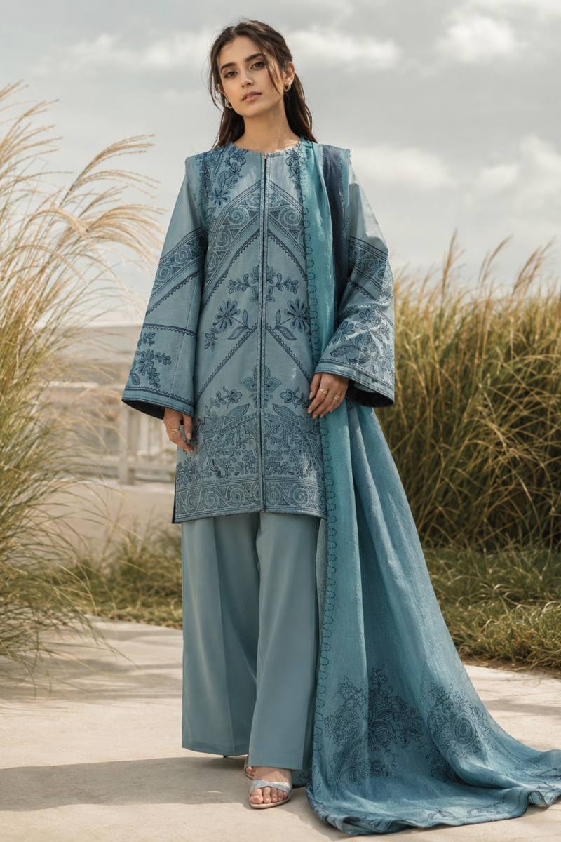Hareeza - SR-ZS2555 Unstitched Embroidered Lawn 3pc Suit With Cotton Lawn Printed Dupatta
