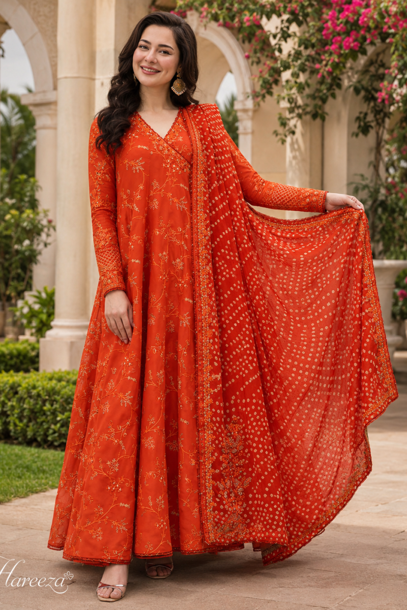 Hareeza - Orange Embroidered Festive 3-Piece Suit
