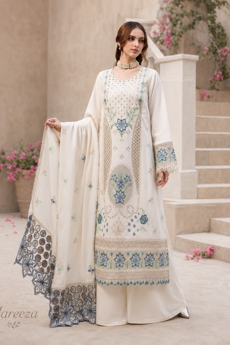 Hareeza - Azure Bloom Embroidered 3-Piece Suit
