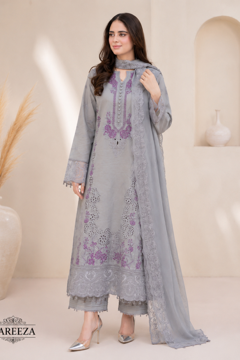 Hareeza - Lilac Grace Embroidered Lawn 3-Piece Suit | Hareeza