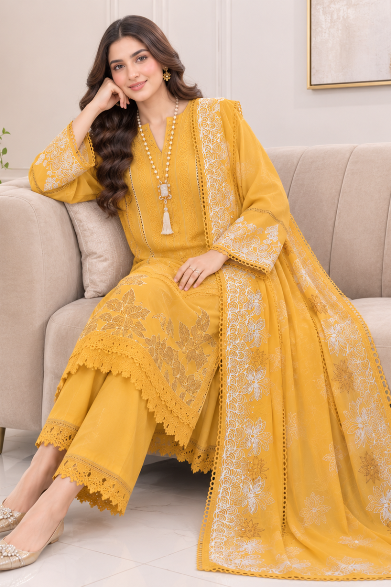 Hareeza - Golden Aura Embroidered Lawn 3-Piece Unstitched Suit