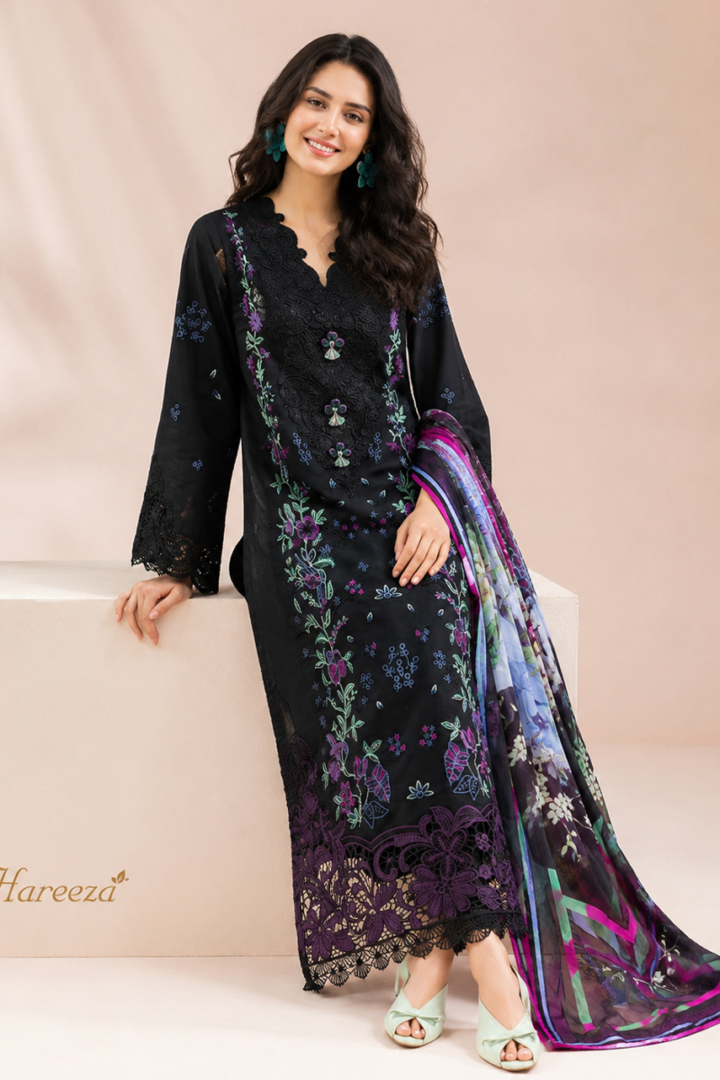 Hareeza - Black Bloom Embroidered Lawn 3-Piece Unstitched Suit