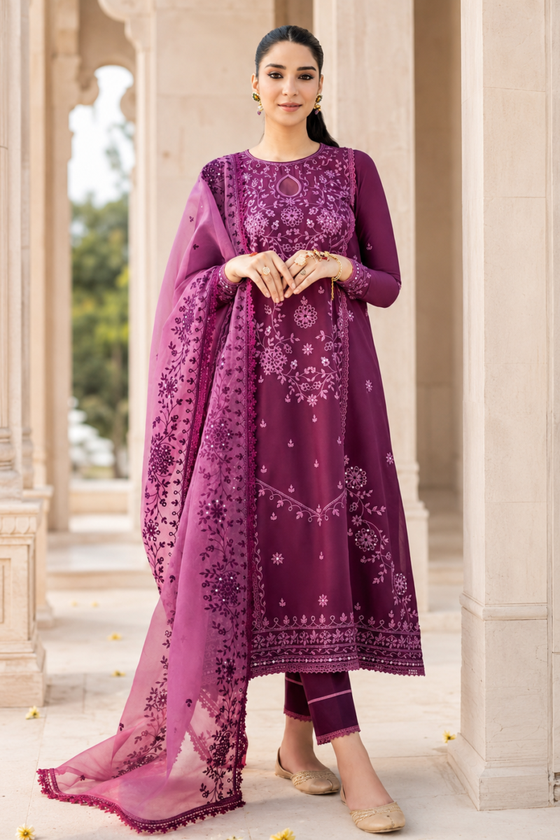 Hareeza- Plum Radiance Embroidered Lawn 3-Piece Unstitched Suit