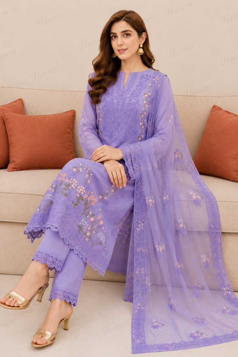 Hareeza - Lavender Floral Embroidered Lawn 3-Piece Suit with Net Dupatta
