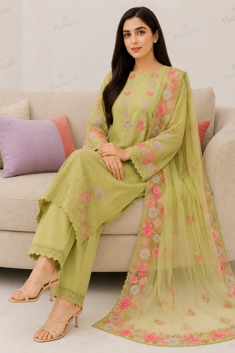 Hareeza - Pistachio Green Floral Embroidered Lawn 3-Piece Suit with Net Dupatta