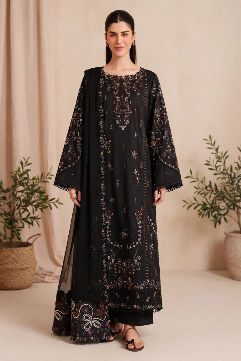 Shaeva – Floral Embroidered Black Lawn Suit | Hareeza
